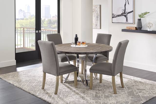 Arland Dark Brown 5 Pc Round Dining Room with Gray Chairs - Thumbnail - Image 1