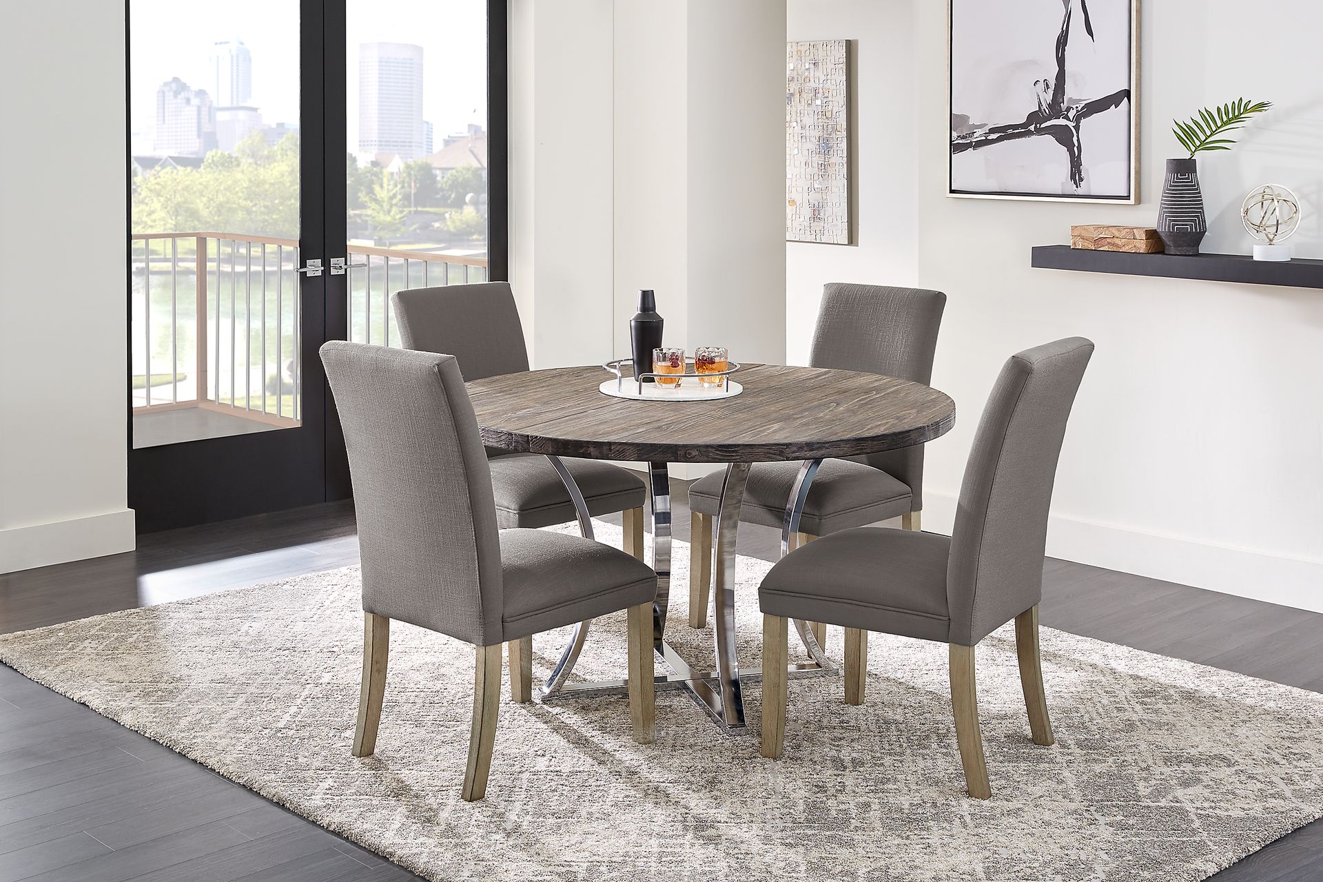 Arland Dark Brown 5 Pc Round Dining Room with Gray Chairs - Image 1