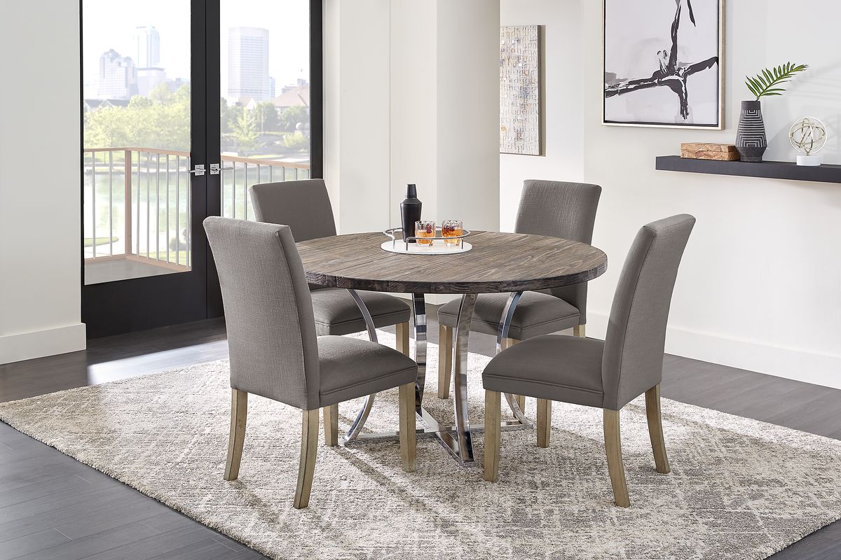 Arland 5 Pc Dark Brown Wood Gray Green Dining Room Set With Round ...