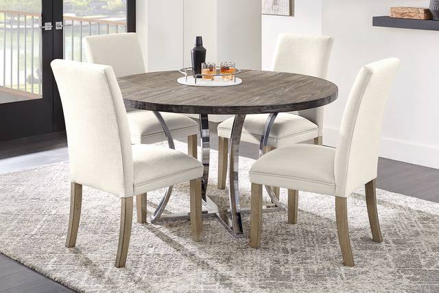 Arland Dark Brown 5 Pc Round Dining Room with White Chairs - Thumbnail - Image 1
