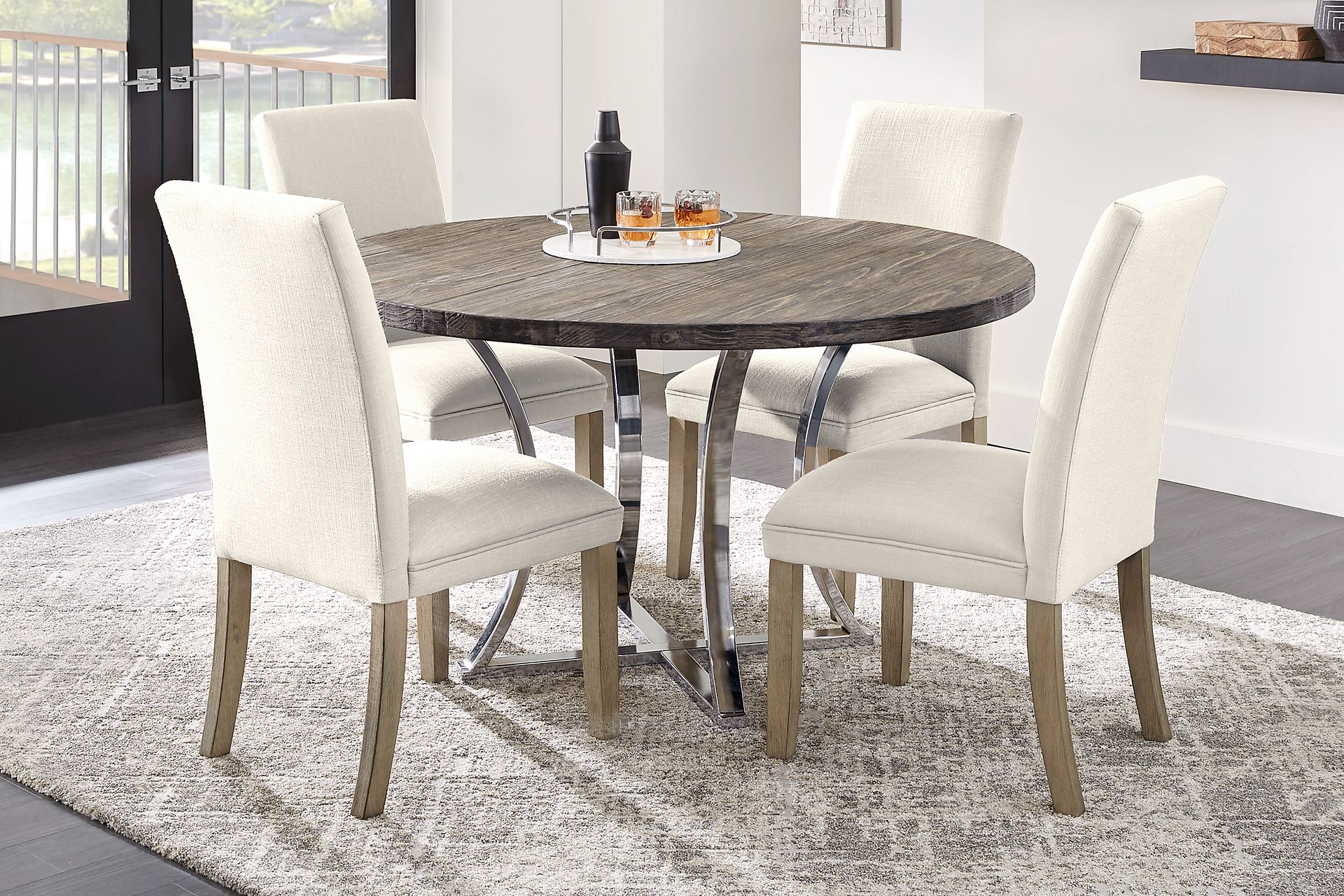 Arland Dark Brown 5 Pc Round Dining Room with White Chairs - Image 1