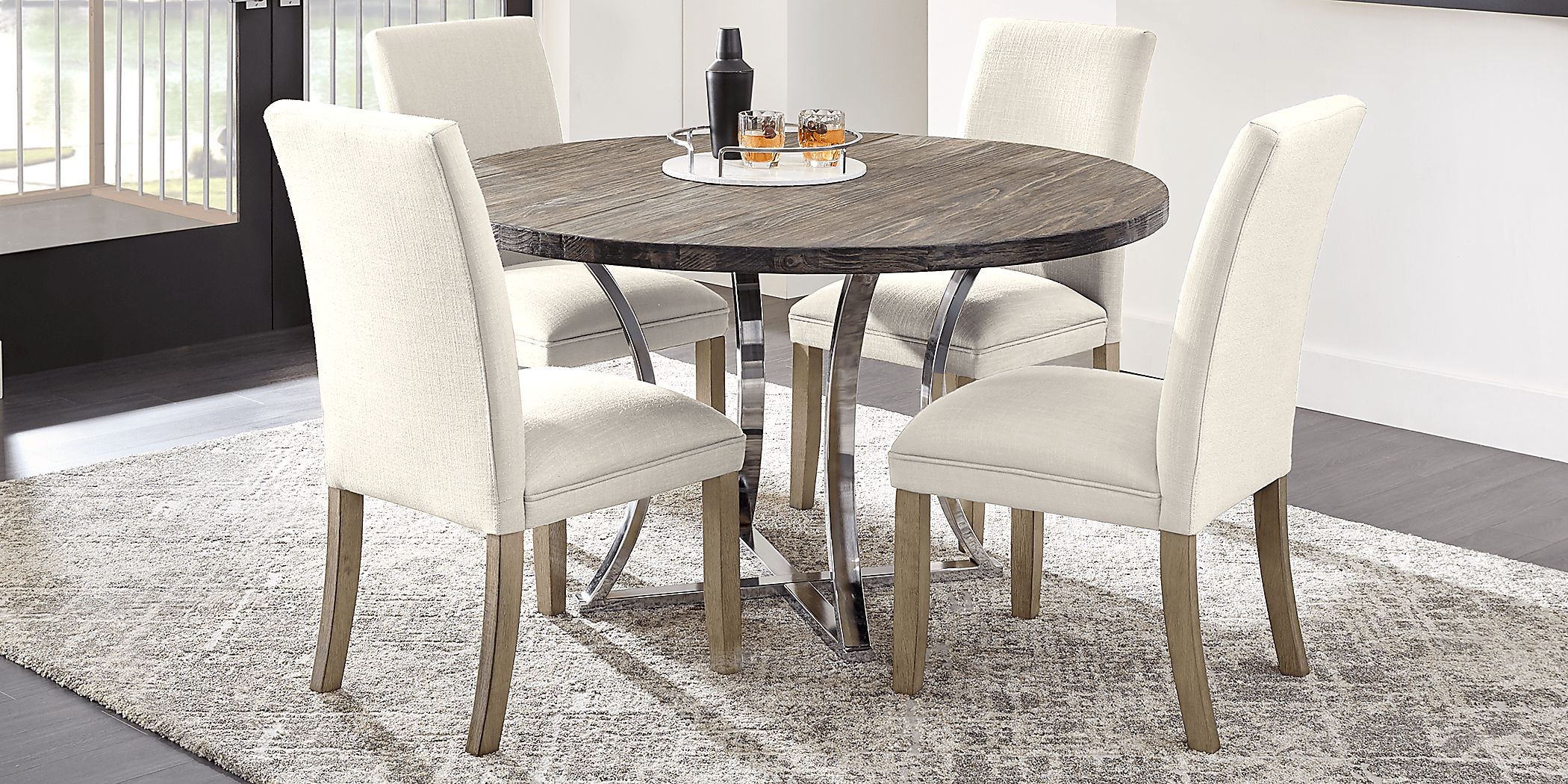 Arland Dark Brown 5 Pc Round Dining Room with White Chairs Rooms To Go