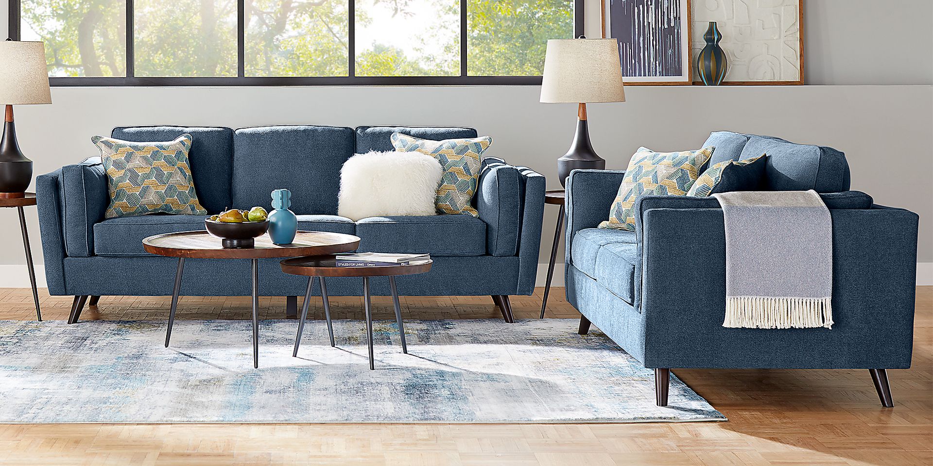 Drew Jonathan Arlington Denim Blue Chenille Fabric Sofa Rooms to Go