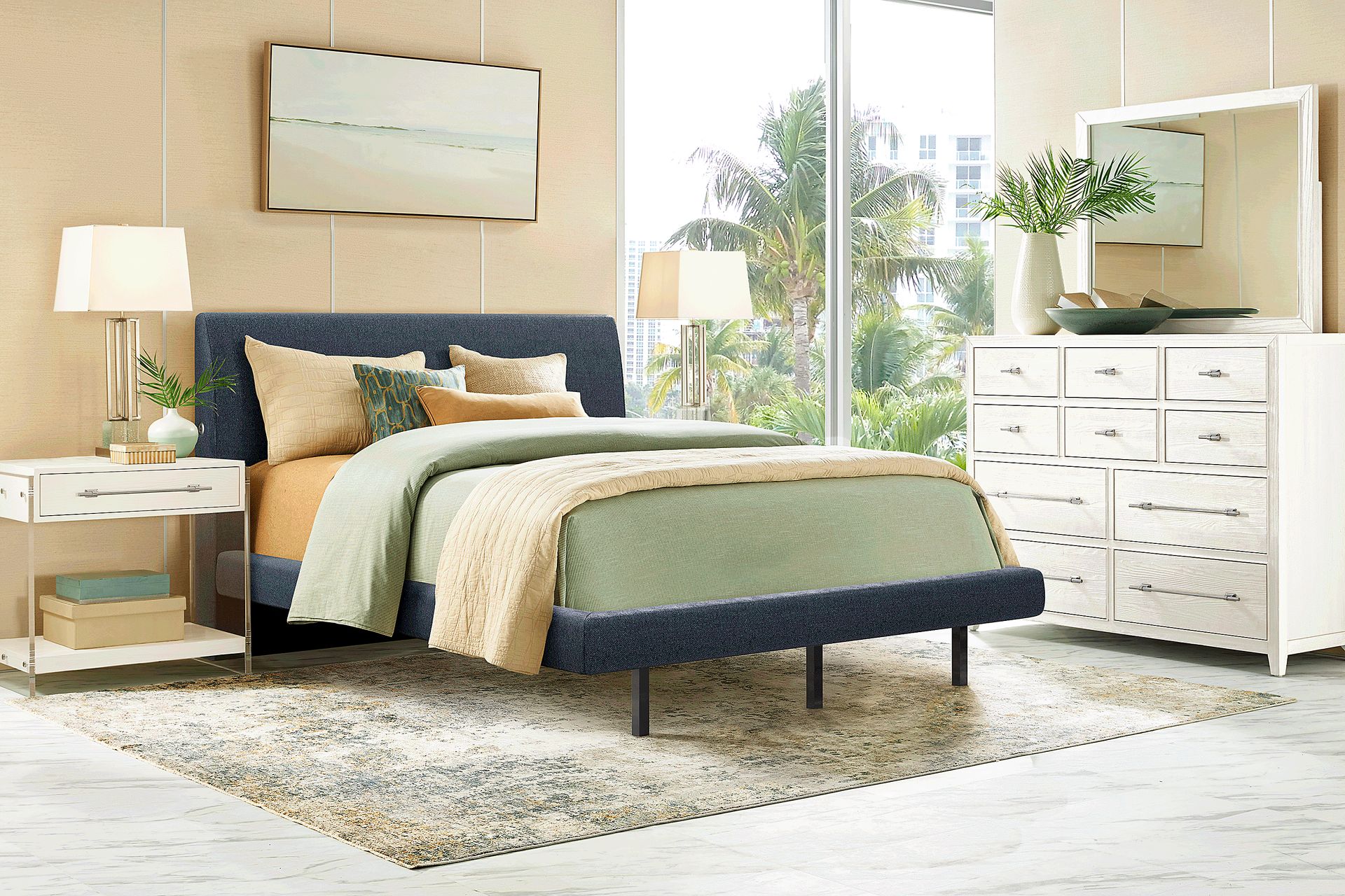 Aruba White 5 Pc Bedroom with Blue Queen Upholstered Bed - Image 1
