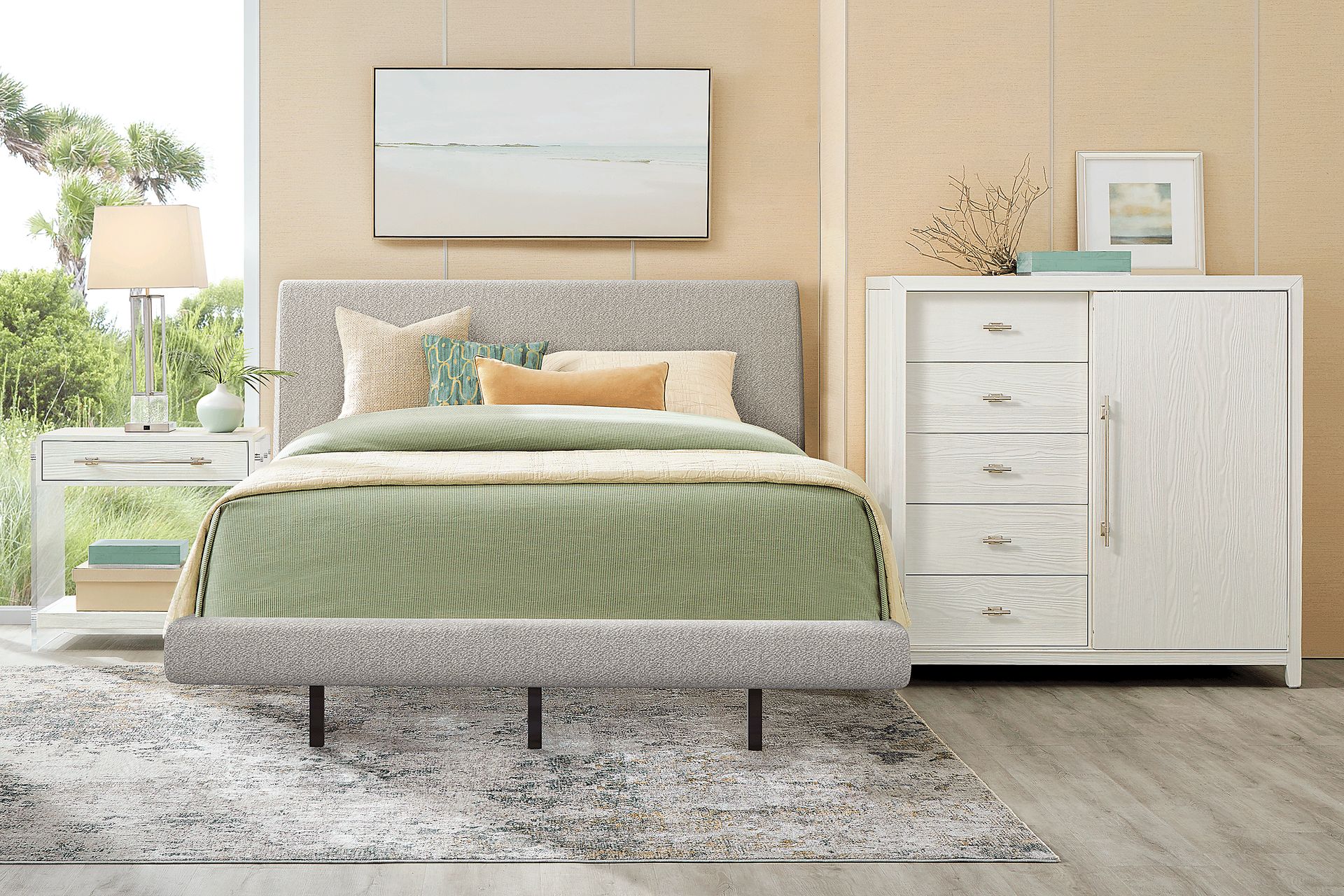 Aruba White 5 Pc Bedroom with Gray Queen Upholstered Bed - Image 1
