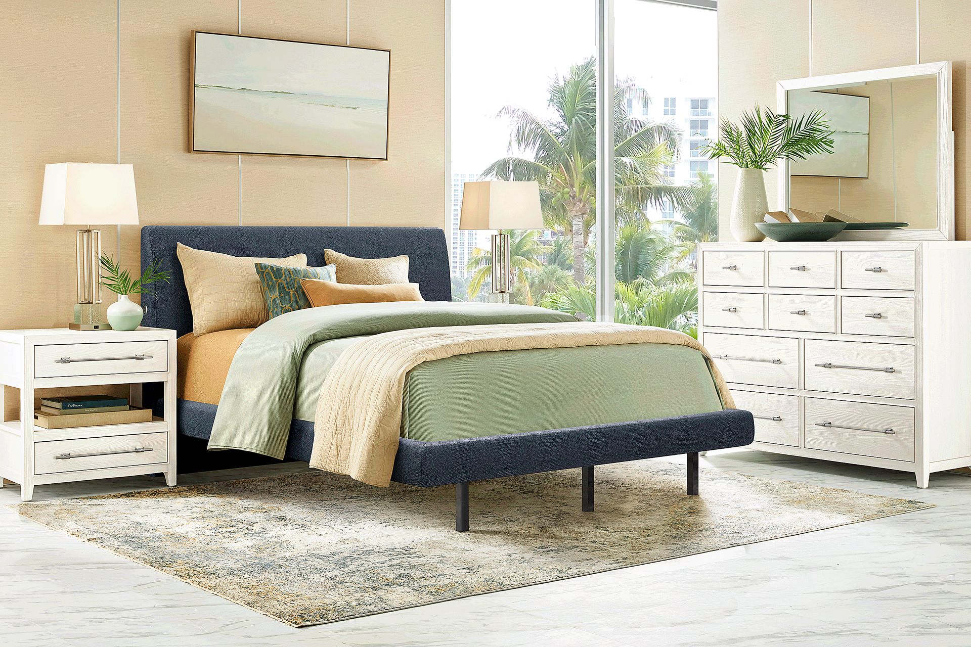 Aruba White 7 Pc Bedroom with Blue King Upholstered Bed - Image 1