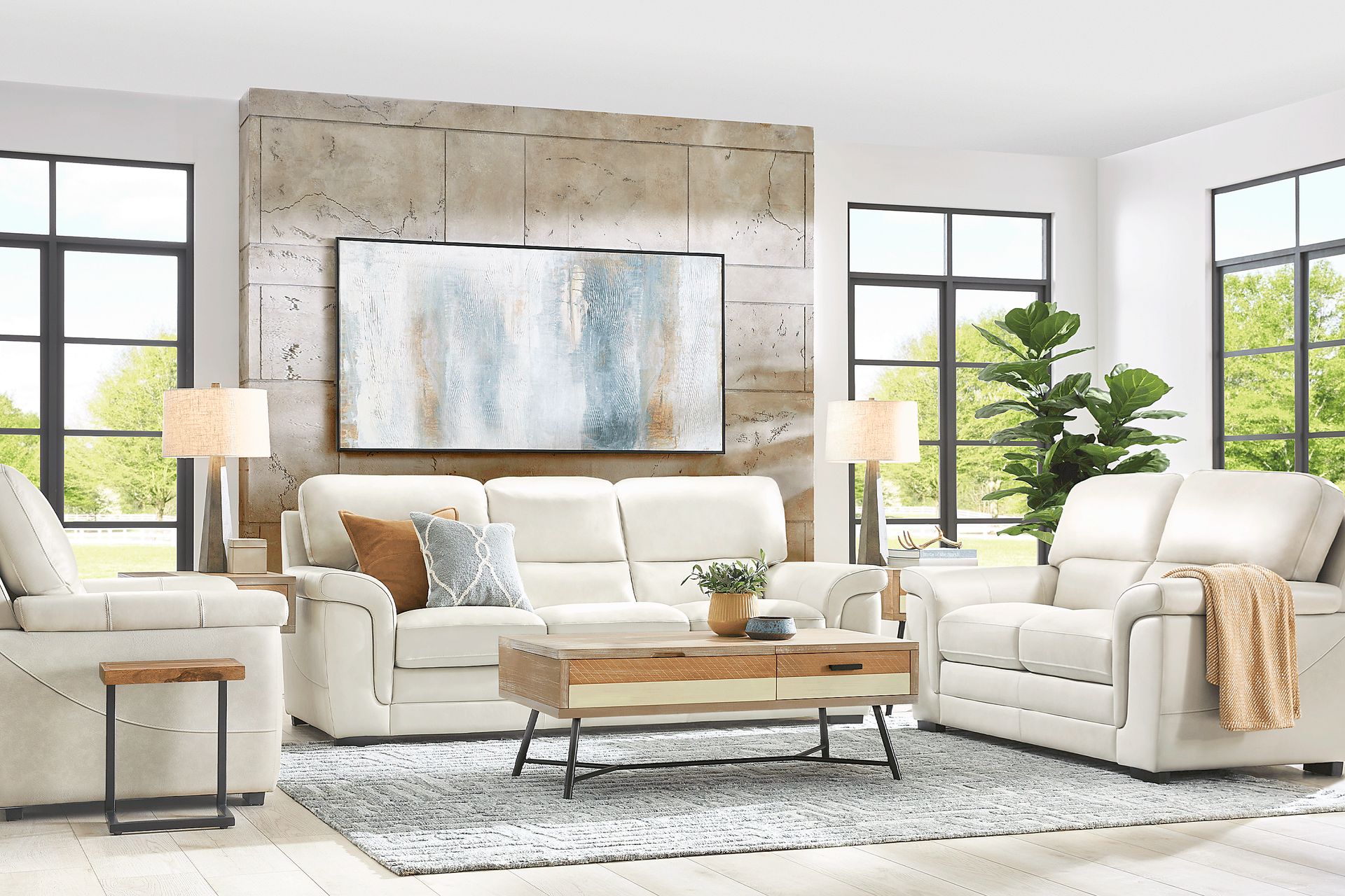 Ashbury Place Stone Leather 7 Pc Living Room with Gel Foam Sleeper Sofa - Image 1