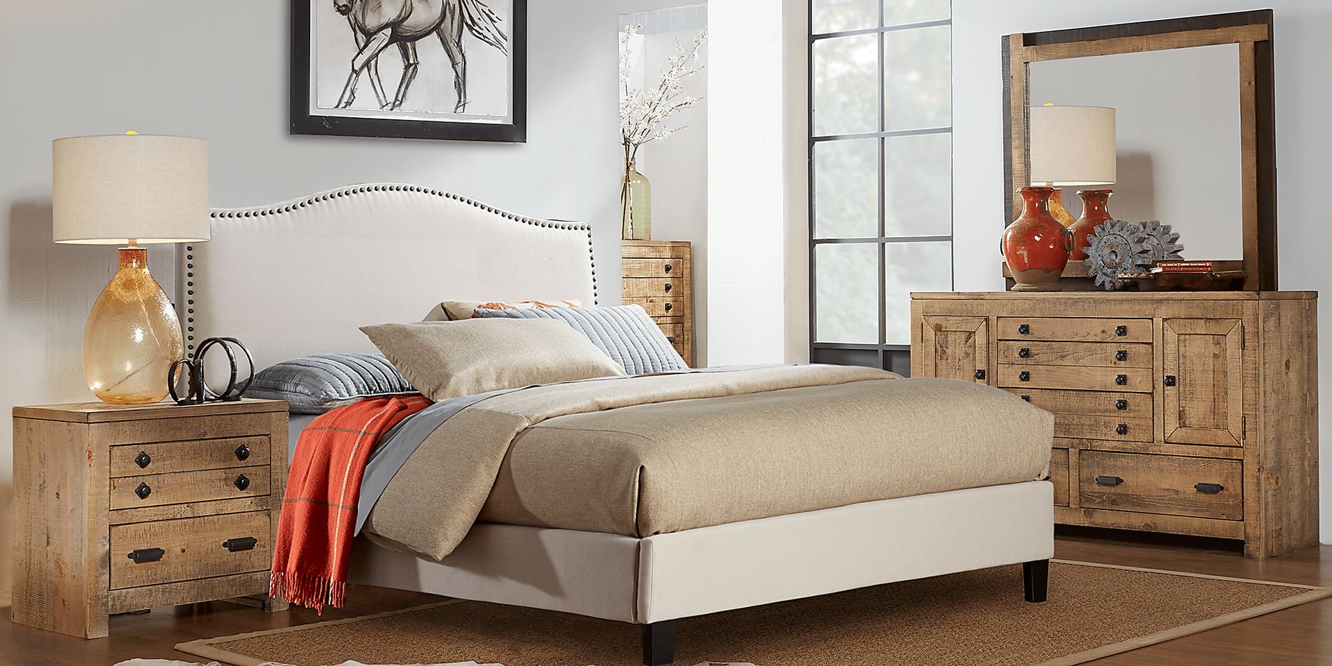 Asher Driftwood 5 Pc Queen Bedroom with Sand Upholstered Bed - Image 1