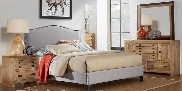 Asher Driftwood 5 Pc Queen Bedroom with Silver Upholstered Bed - Thumbnail - Image 1