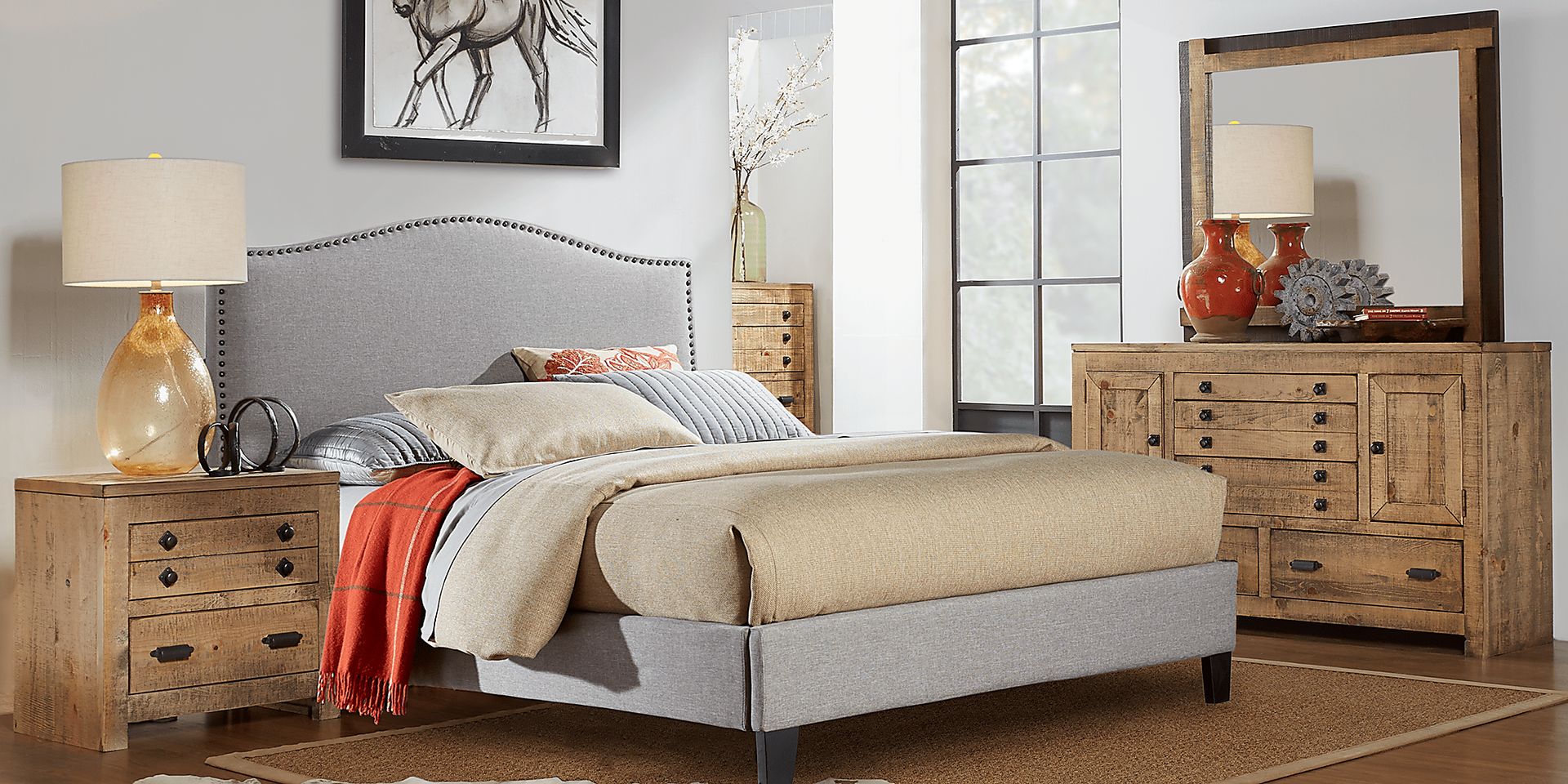 Asher Driftwood 5 Pc Queen Bedroom with Silver Upholstered Bed - Image 1