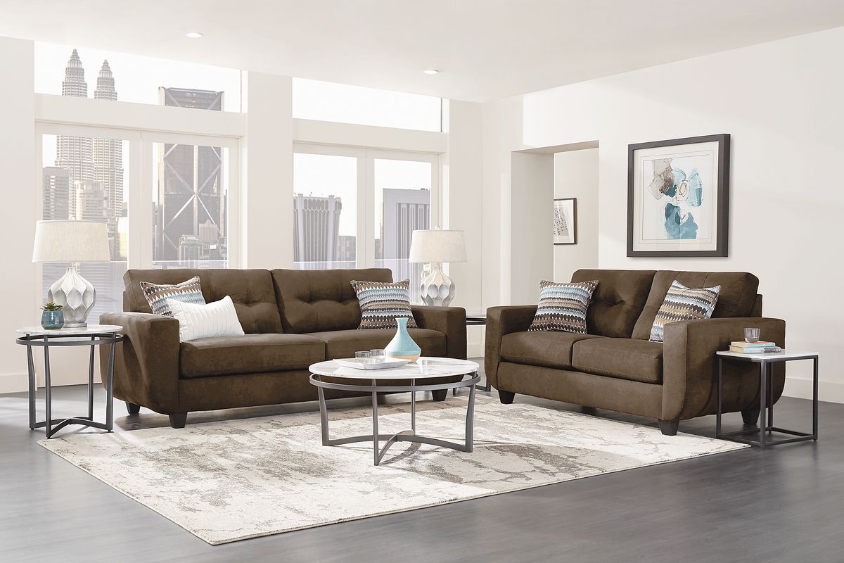 Avila Loft 2 Pc Brown Microfiber Living Room Set With Sofa, Loveseat