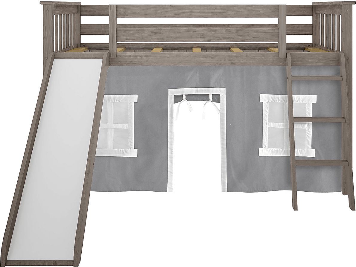Kids Ayleth Brown Twin Low Loft Bed with Slide and Gray Tent