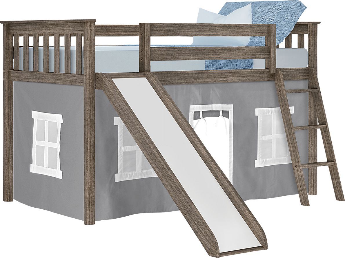 Kids Ayleth Brown Twin Low Loft Bed with Slide and Gray Tent