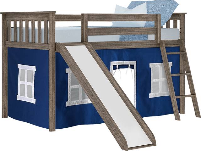 Kids Ayleth Brown Twin Low Loft Bed with Slide and Blue Tent - Thumbnail - Image 2