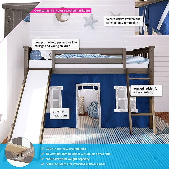 Kids Ayleth Brown Twin Low Loft Bed with Slide and Blue Tent - Thumbnail - Image 3