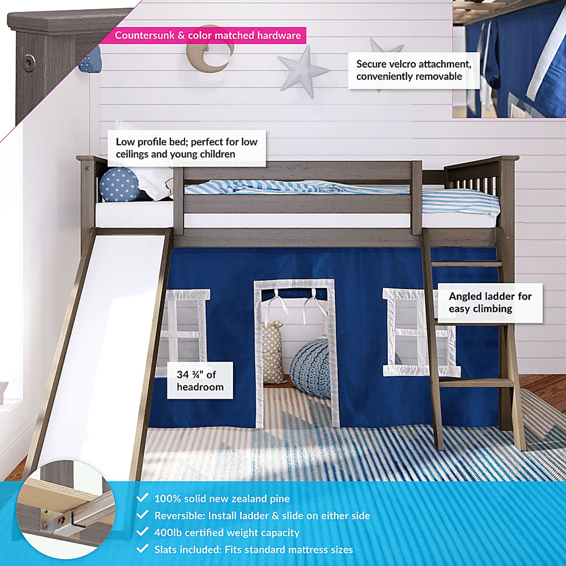 Kids Ayleth Brown Twin Low Loft Bed with Slide and Blue Tent - Image 3