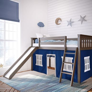 Kids Ayleth Brown Twin Low Loft Bed with Slide and Blue Tent