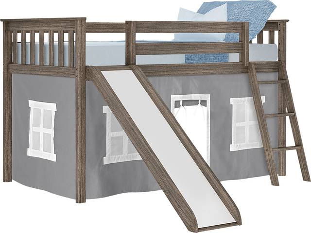 Kids Ayleth Brown Twin Low Loft Bed with Slide and Gray Tent - Thumbnail - Image 2