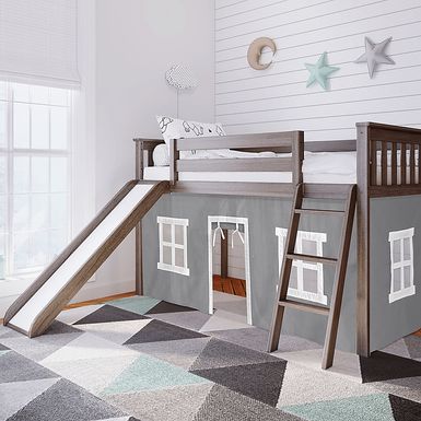 Kids Ayleth Brown Twin Low Loft Bed with Slide and Gray Tent