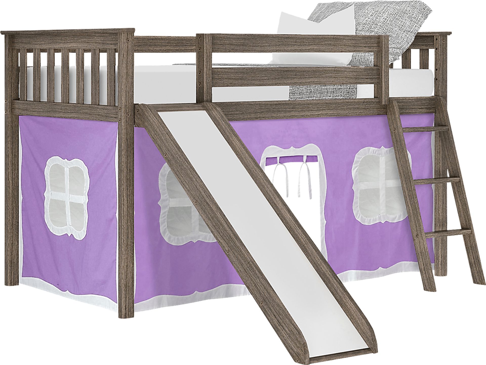 Kids Ayleth Brown Twin Low Loft Bed with Slide and Purple Tent - Image 2