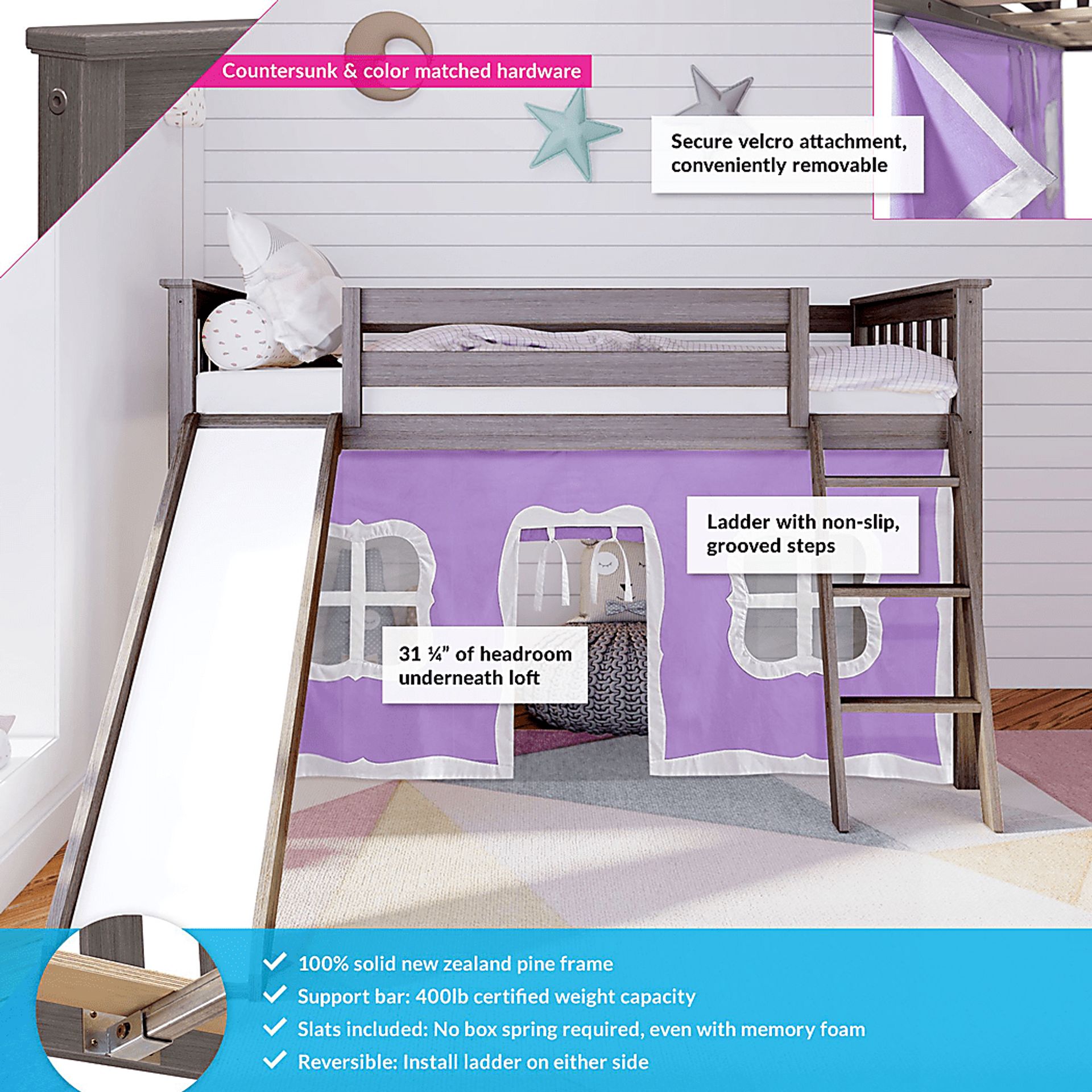 Kids Ayleth Brown Twin Low Loft Bed with Slide and Purple Tent - Image 3