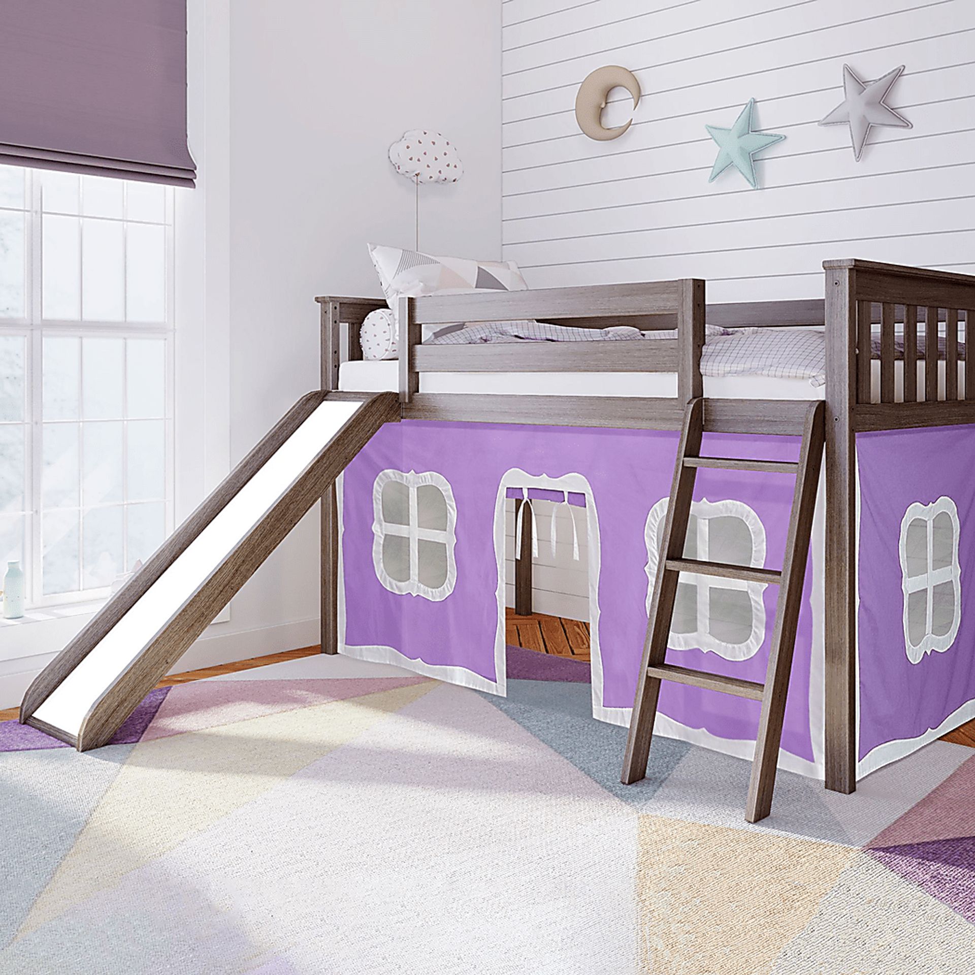 Kids Ayleth Brown Twin Low Loft Bed with Slide and Purple Tent - Image 1