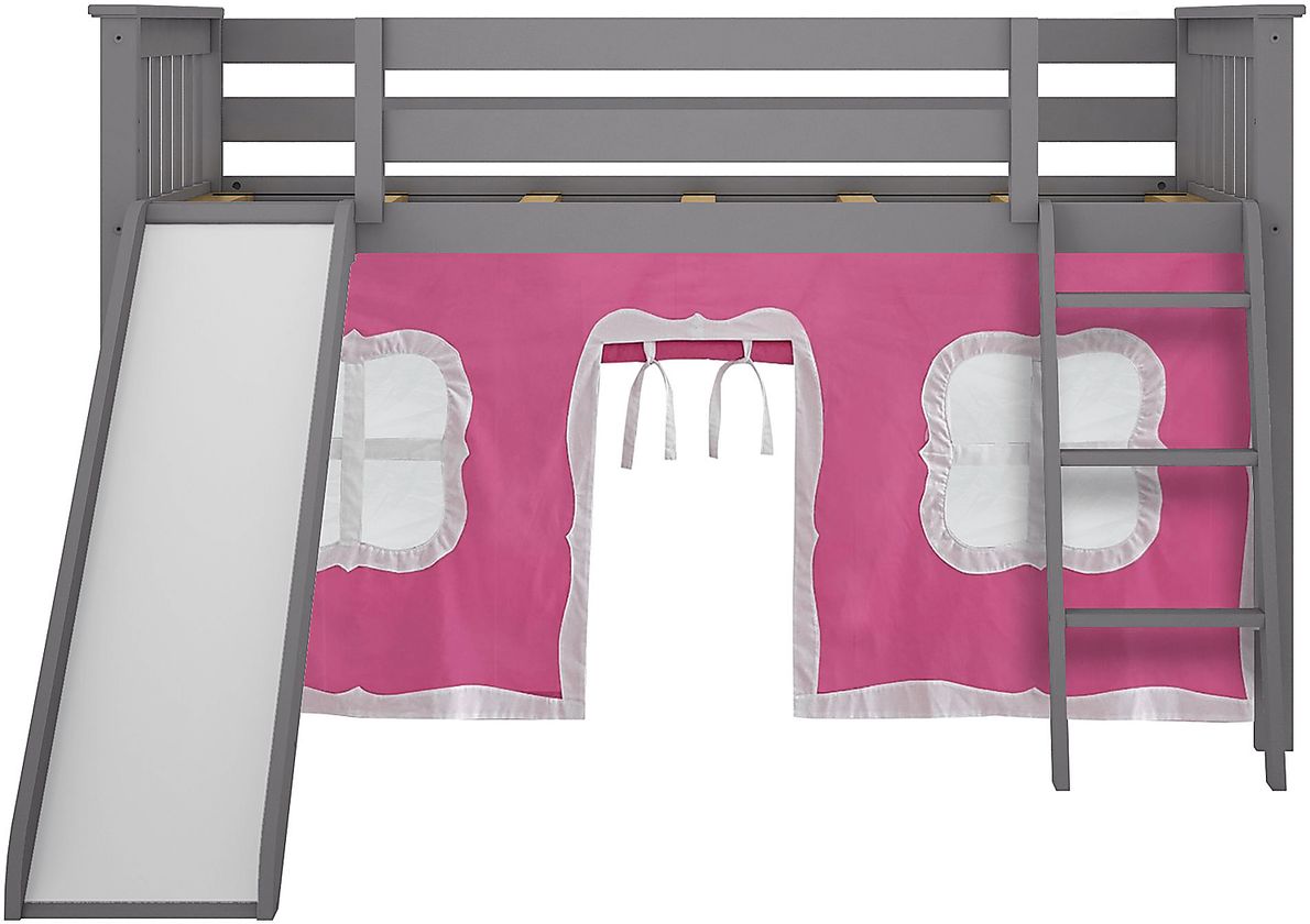 Kids Ayleth Gray Twin Low Loft Bed with Slide and Pink Tent
