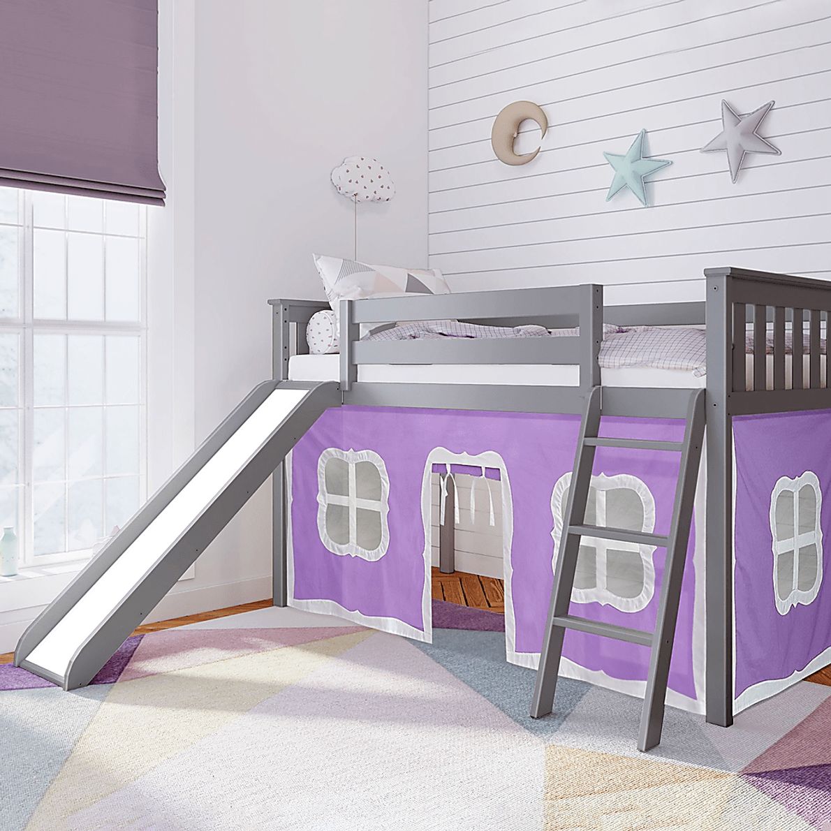 Kids Ayleth Gray Twin Low Loft Bed with Slide and Pink Tent