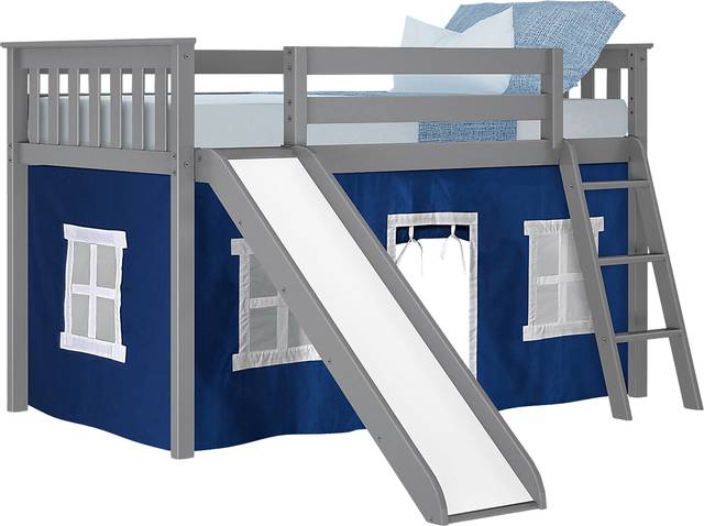 Kids Ayleth Gray Twin Low Loft Bed with Slide and Blue Tent - Thumbnail - Image 2