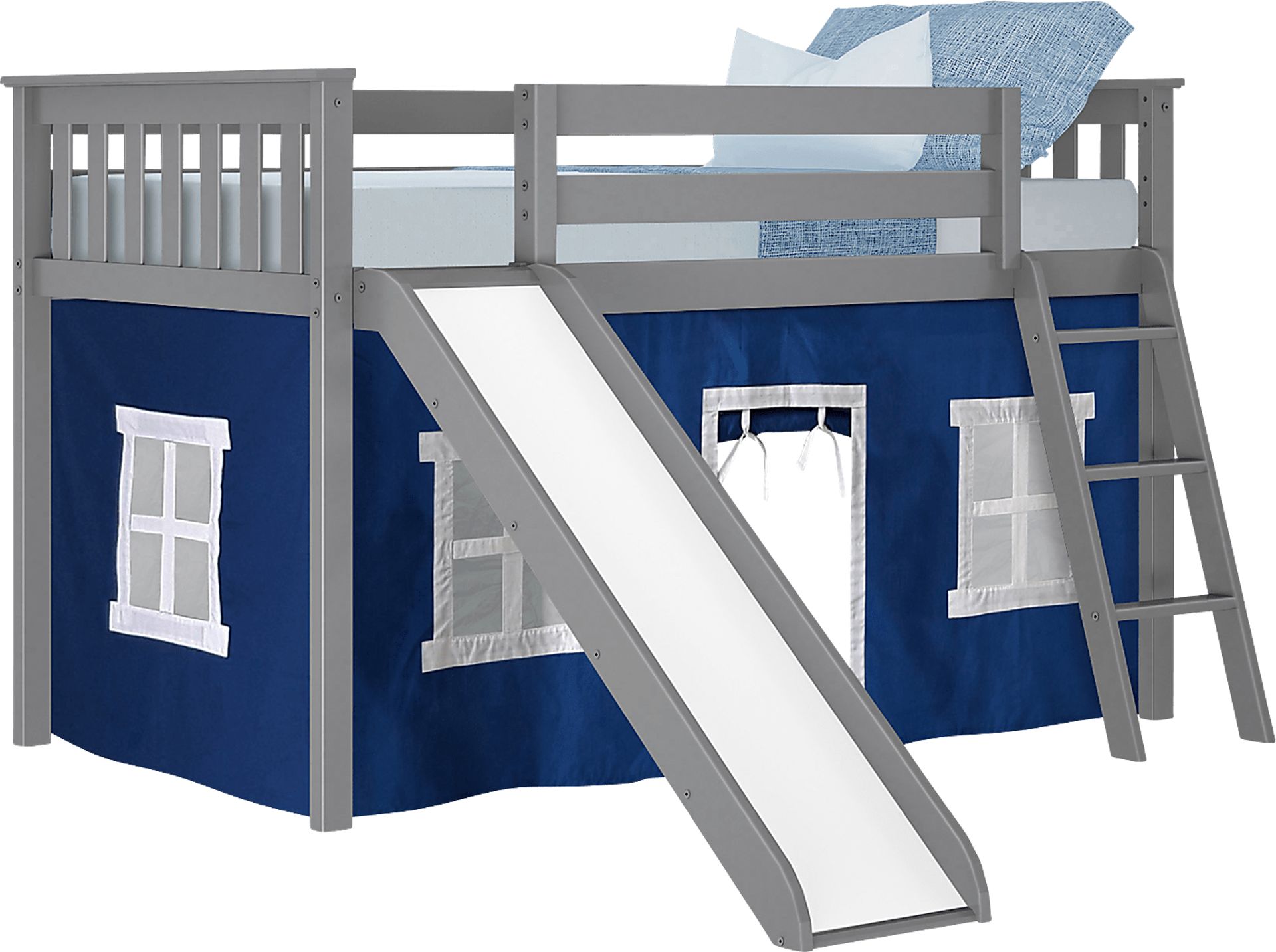Kids Ayleth Gray Twin Low Loft Bed with Slide and Blue Tent - Image 2