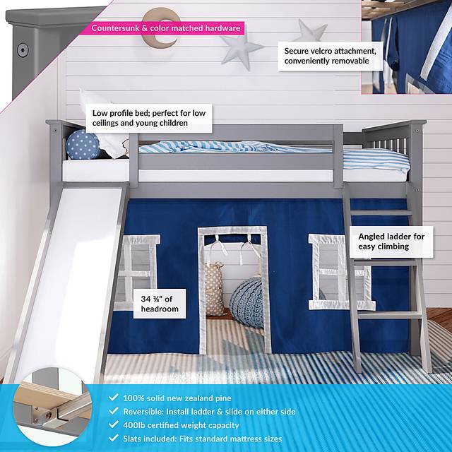 Kids Ayleth Gray Twin Low Loft Bed with Slide and Blue Tent - Thumbnail - Image 3