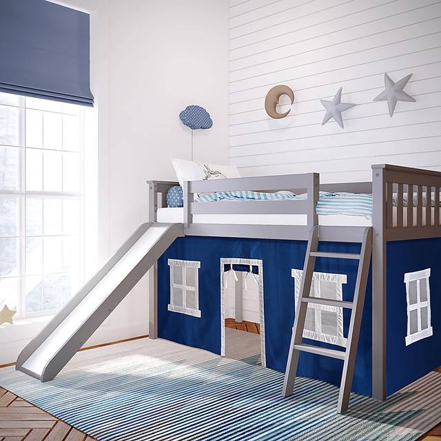 Kids Ayleth Gray Twin Low Loft Bed with Slide and Blue Tent - Thumbnail - Image 1