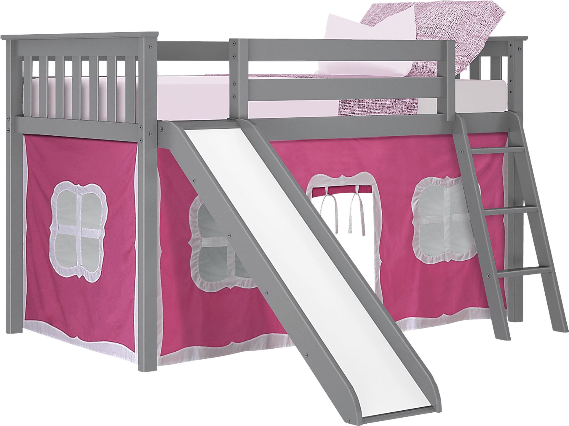 Kids Ayleth Gray Twin Low Loft Bed with Slide and Pink Tent - Image 2