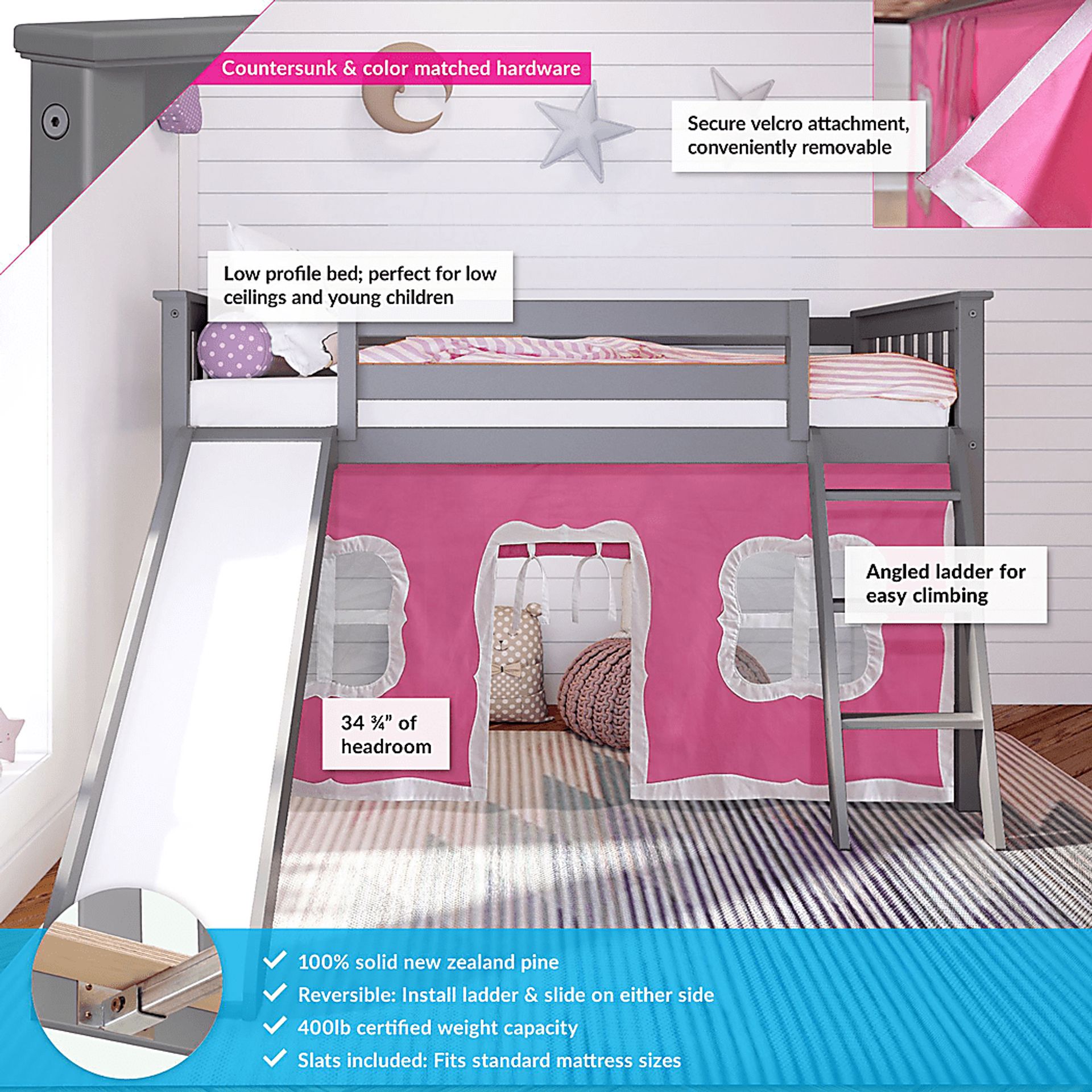 Kids Ayleth Gray Twin Low Loft Bed with Slide and Pink Tent - Image 3