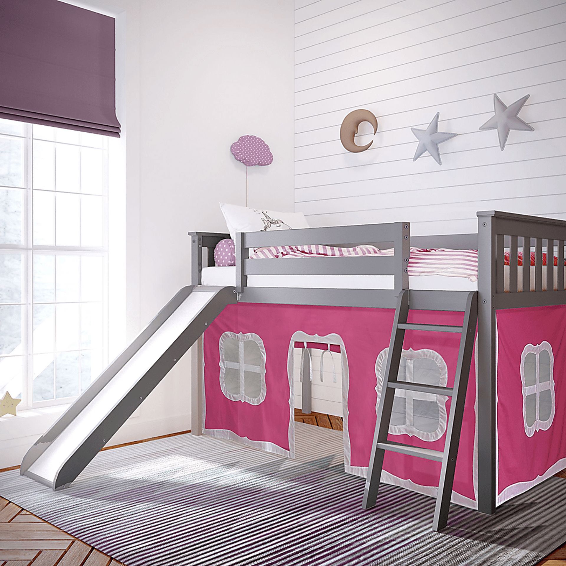 Kids Ayleth Gray Twin Low Loft Bed with Slide and Pink Tent - Image 1