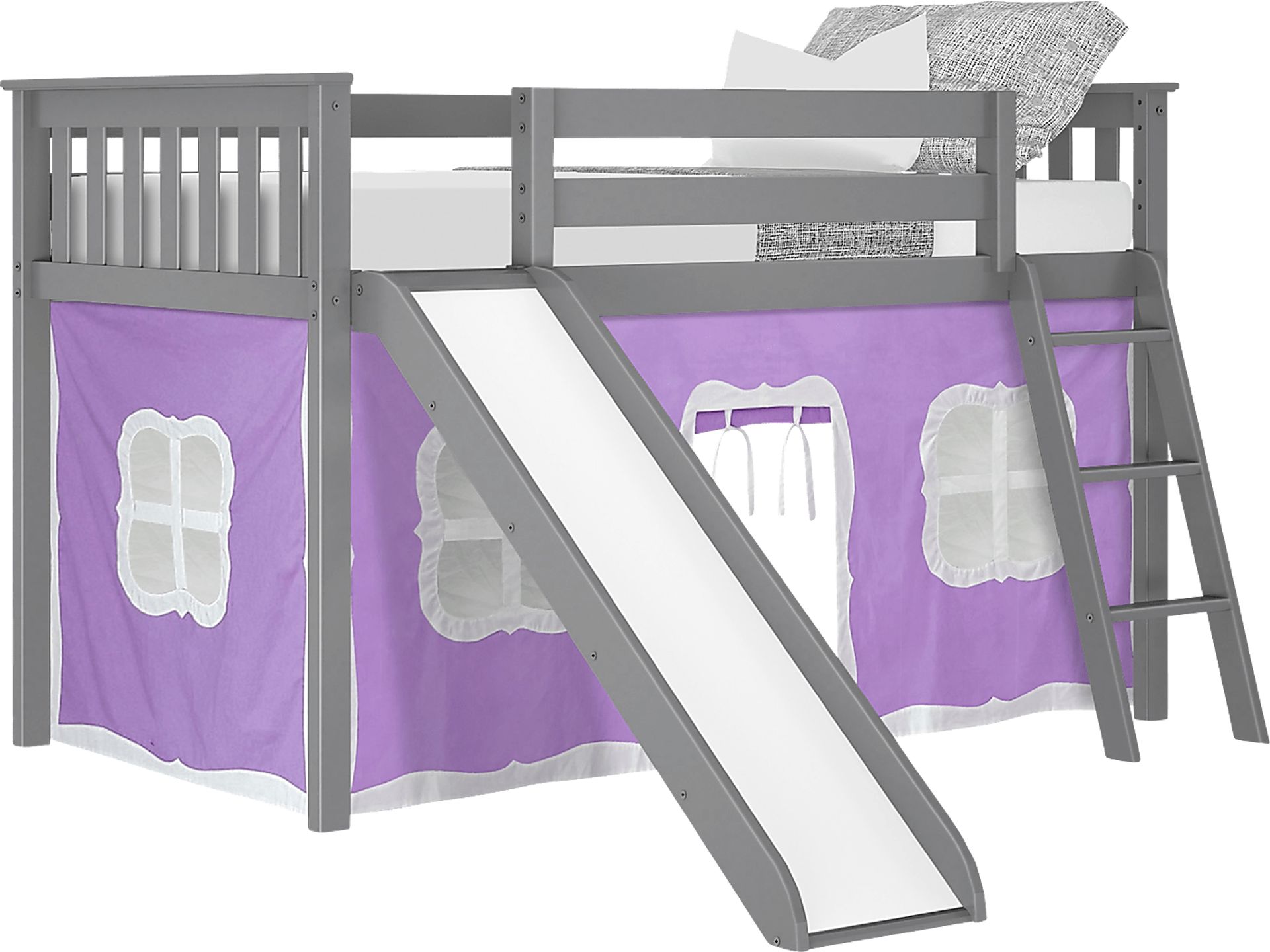 Kids Ayleth Gray Twin Low Loft Bed with Slide and Pink Tent - Image 2