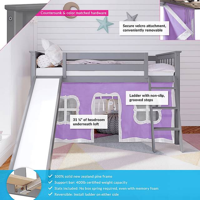 Kids Ayleth Gray Twin Low Loft Bed with Slide and Pink Tent - Thumbnail - Image 3