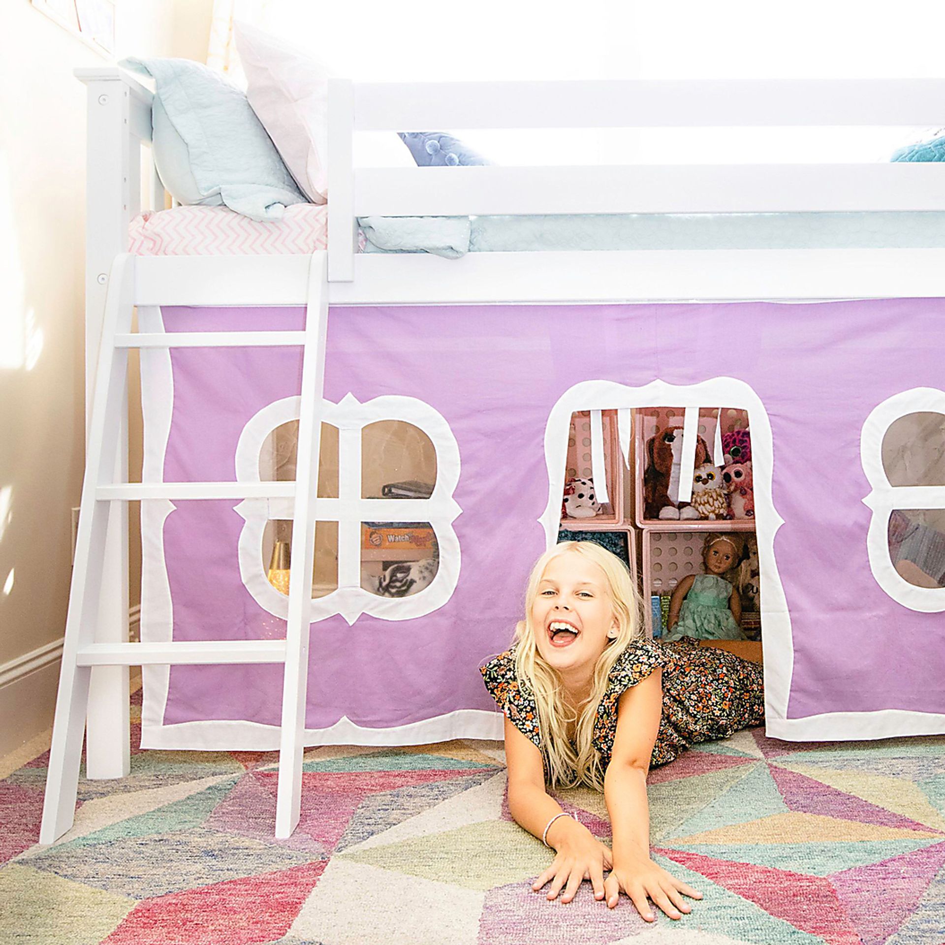 Kids Ayleth White Twin Low Loft Bed with Purple Tent - Image 4