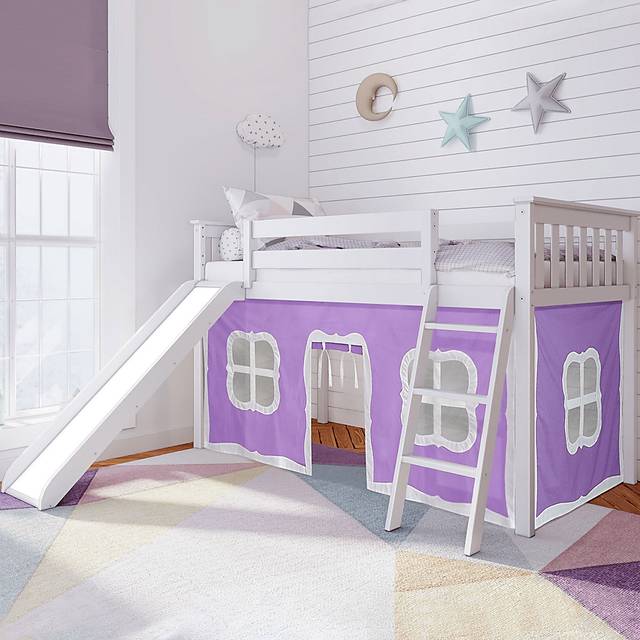 Kids Ayleth White Twin Low Loft Bed with Purple Tent - Thumbnail - Image 1