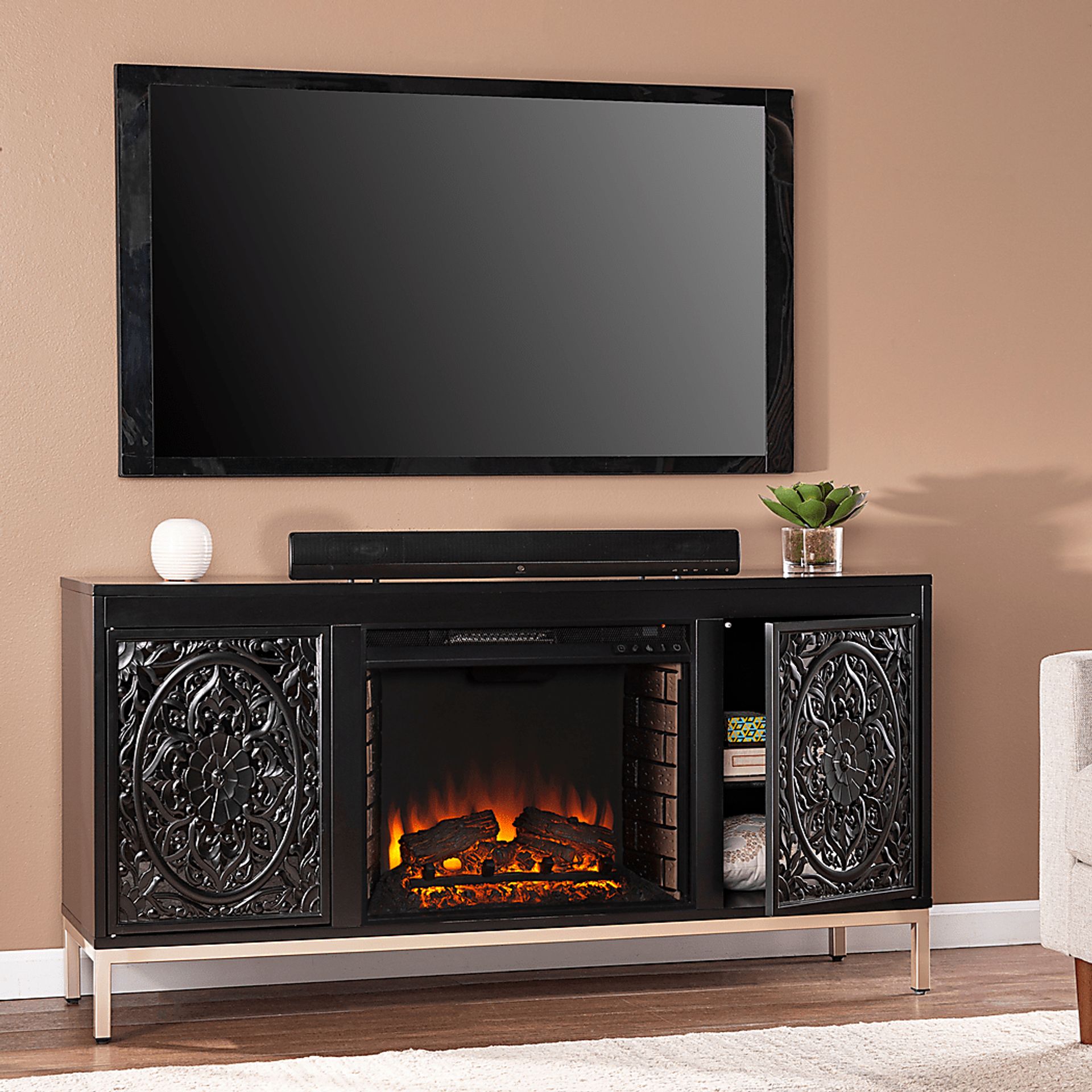 Baillon II Black 58 in. Console With Electric Log Fireplace - Image 5