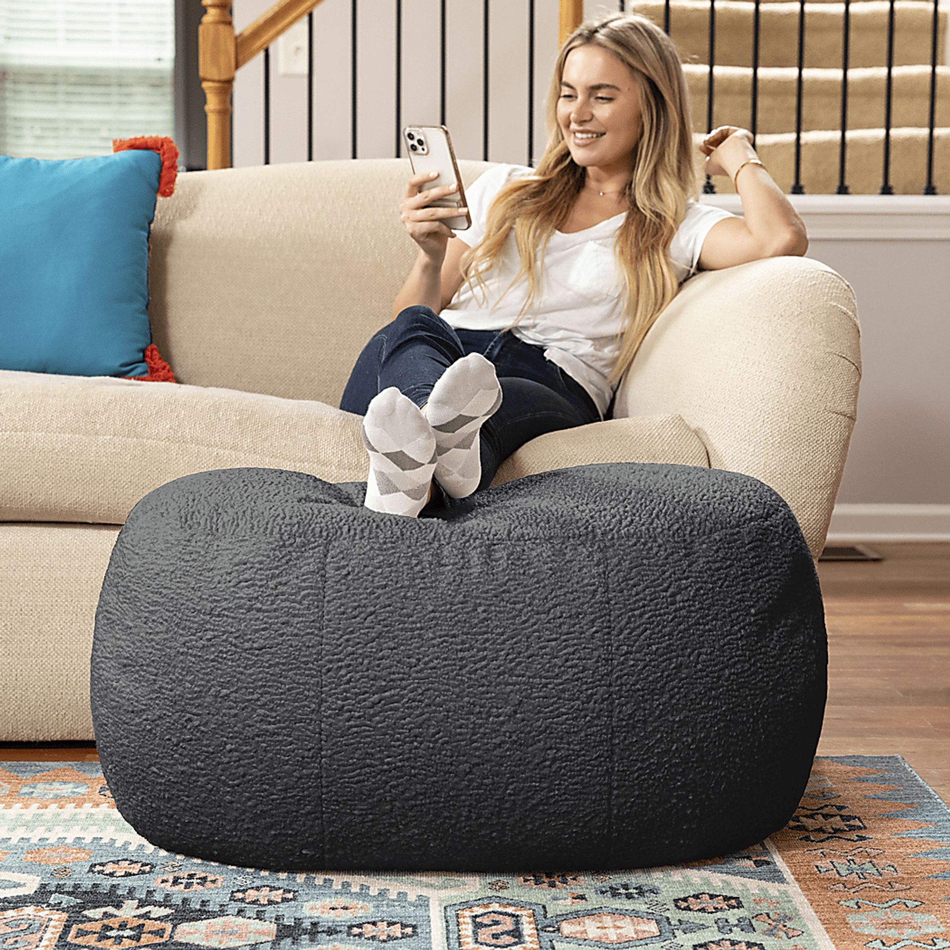 Bansqa II Black Oval Shearling Pouf - Image 3