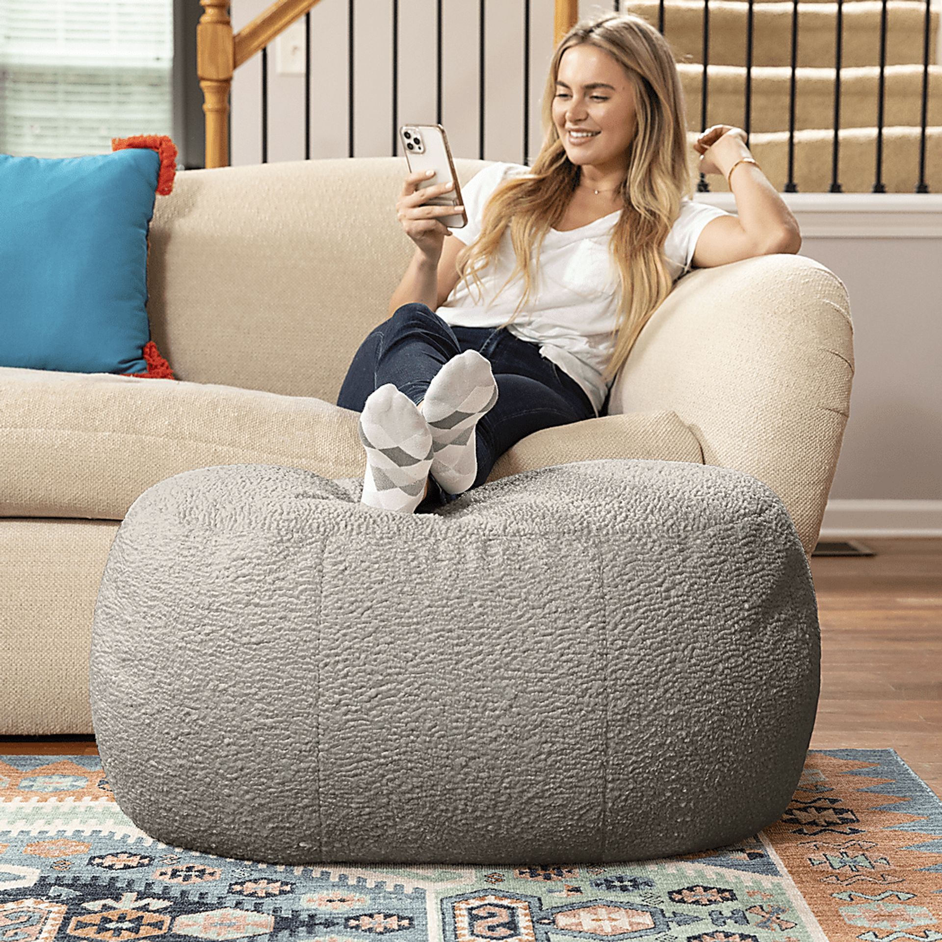 Bansqa II Gray Oval Shearling Pouf - Image 3