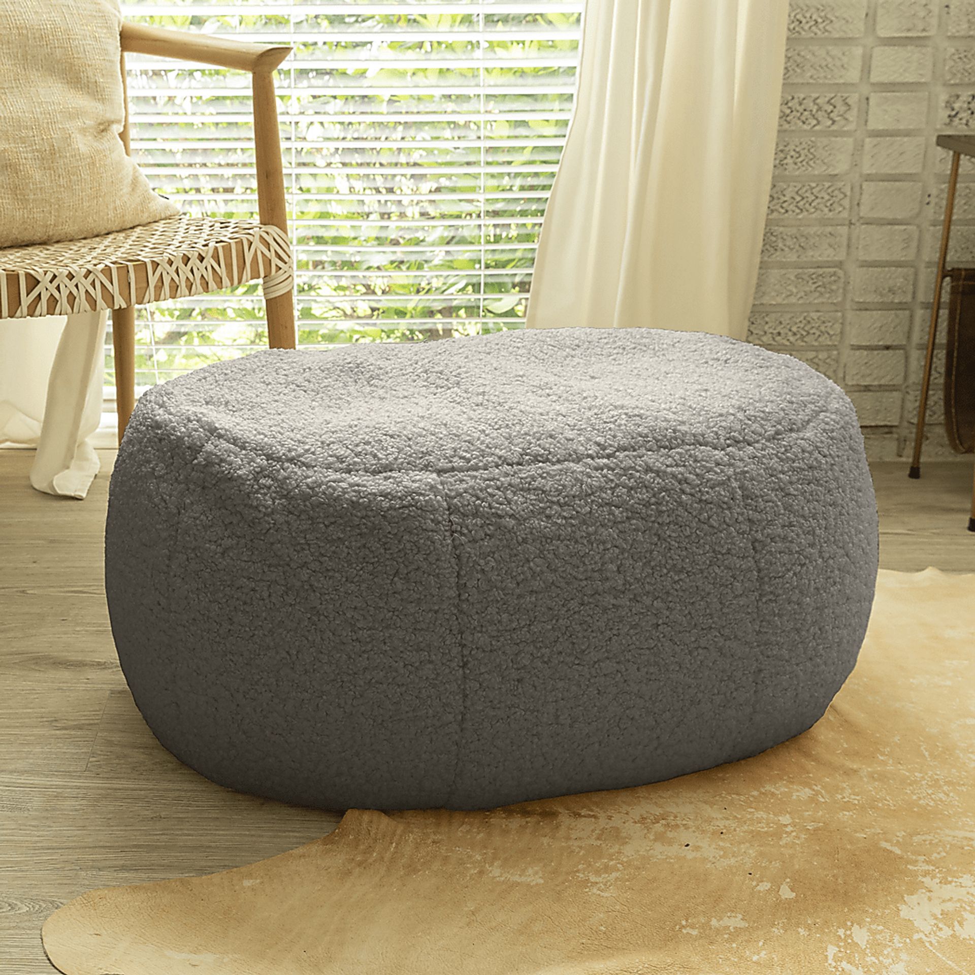Bansqa II Gray Oval Shearling Pouf - Image 5