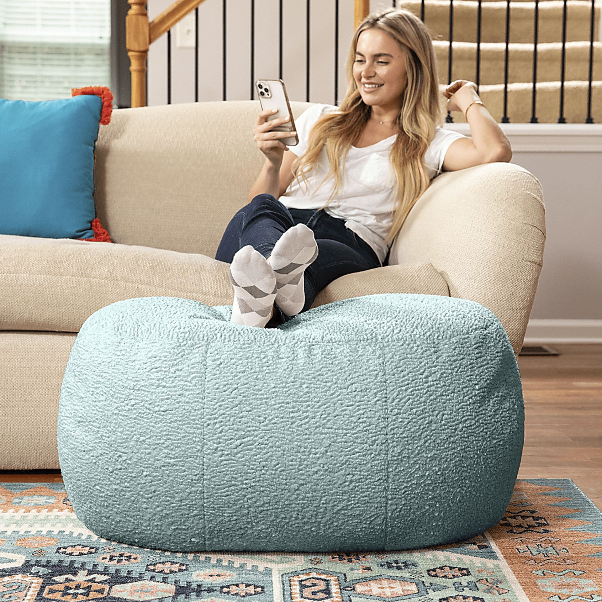 Bansqa II Green Oval Shearling Pouf - Image 3