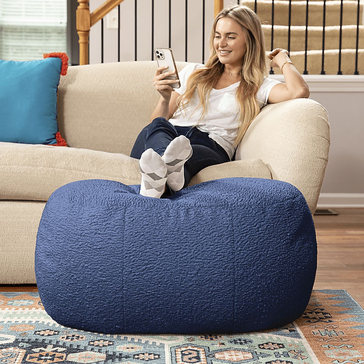Bansqa II Indigo Blue Polyester Fabric Poufs | Rooms to Go