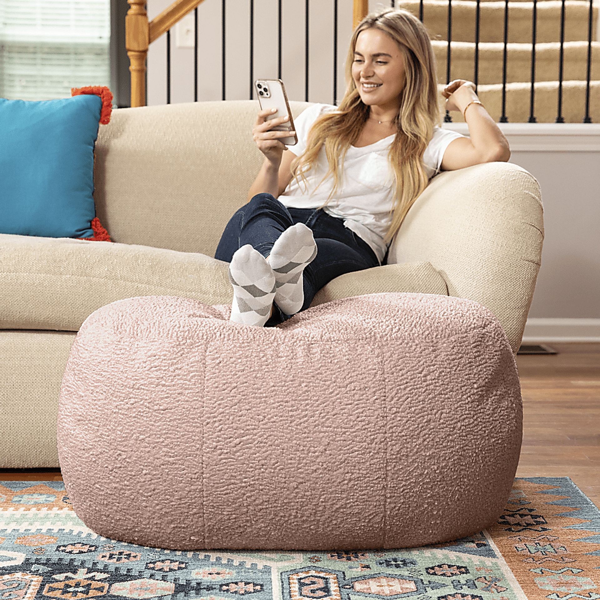 Bansqa II Pink Oval Shearling Pouf - Image 3