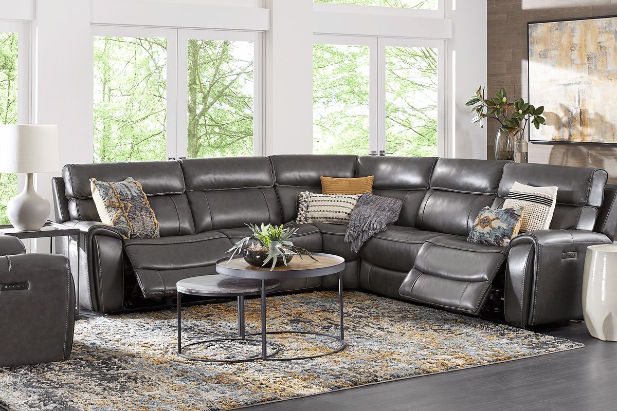 Bardella Dark Gray Leather 5 Pc Dual Power Reclining Sectional