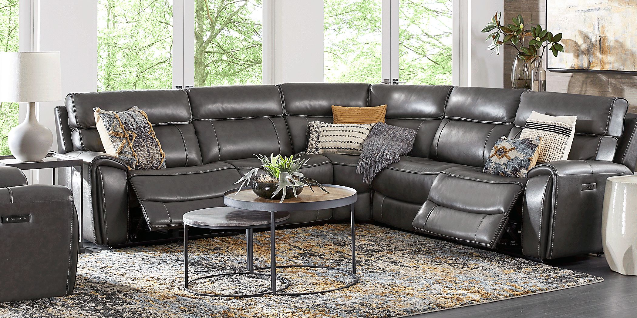 Bardella Dark Gray Leather 5 Pc Reclining Sectional Rooms To Go