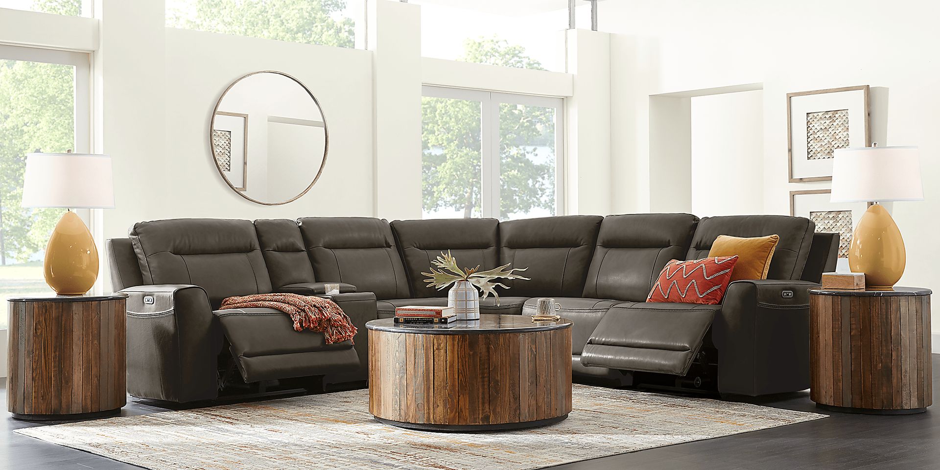 Bargotti Charcoal Leather 9 Pc Dual Power Reclining Sectional Living Room - Image 1