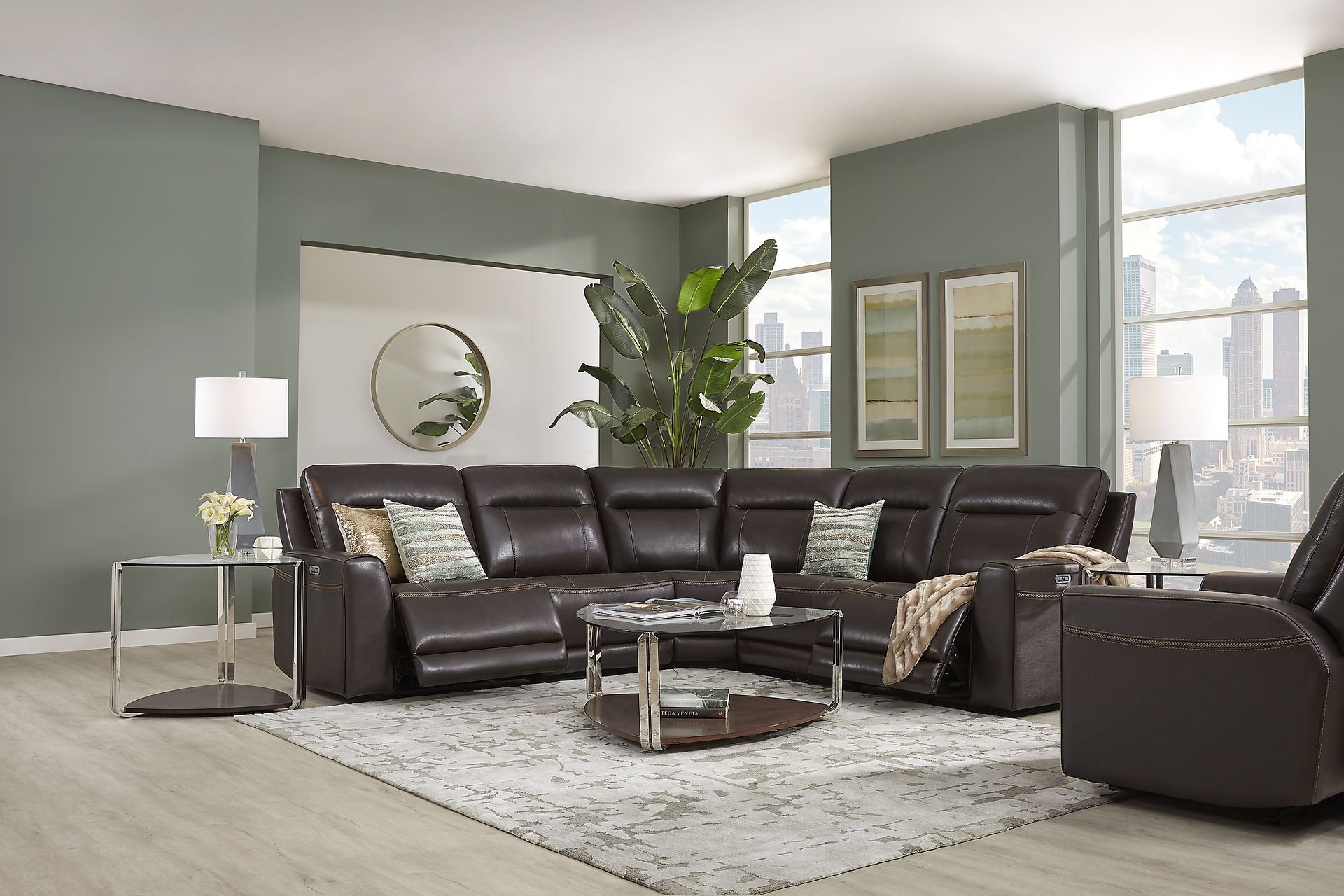 Bargotti Coffee Leather 5 Pc Dual Power Reclining Sectional - Image 2